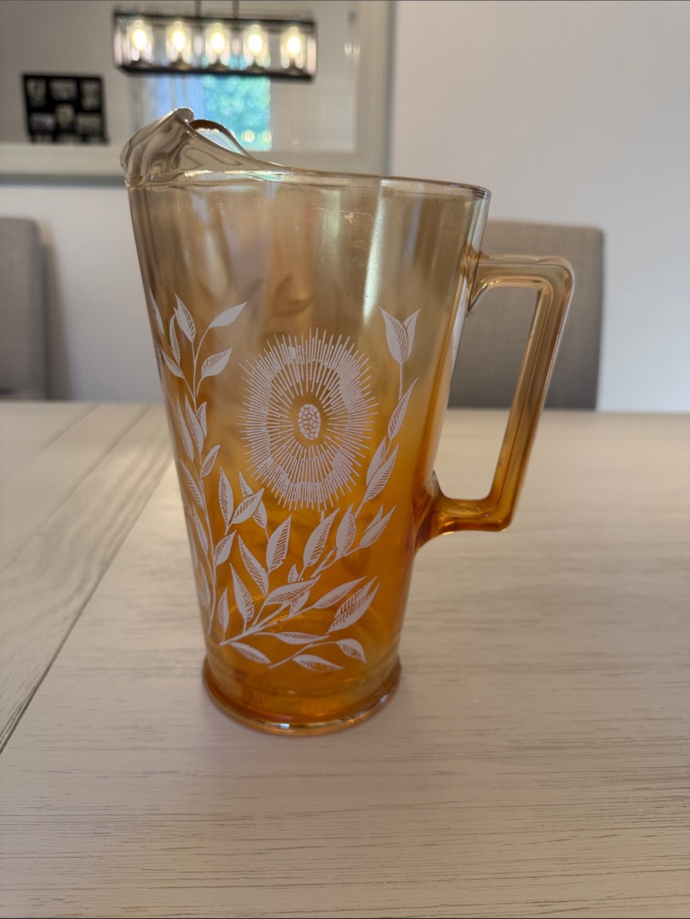 Amber Glass Pitcher with White Floral Motif